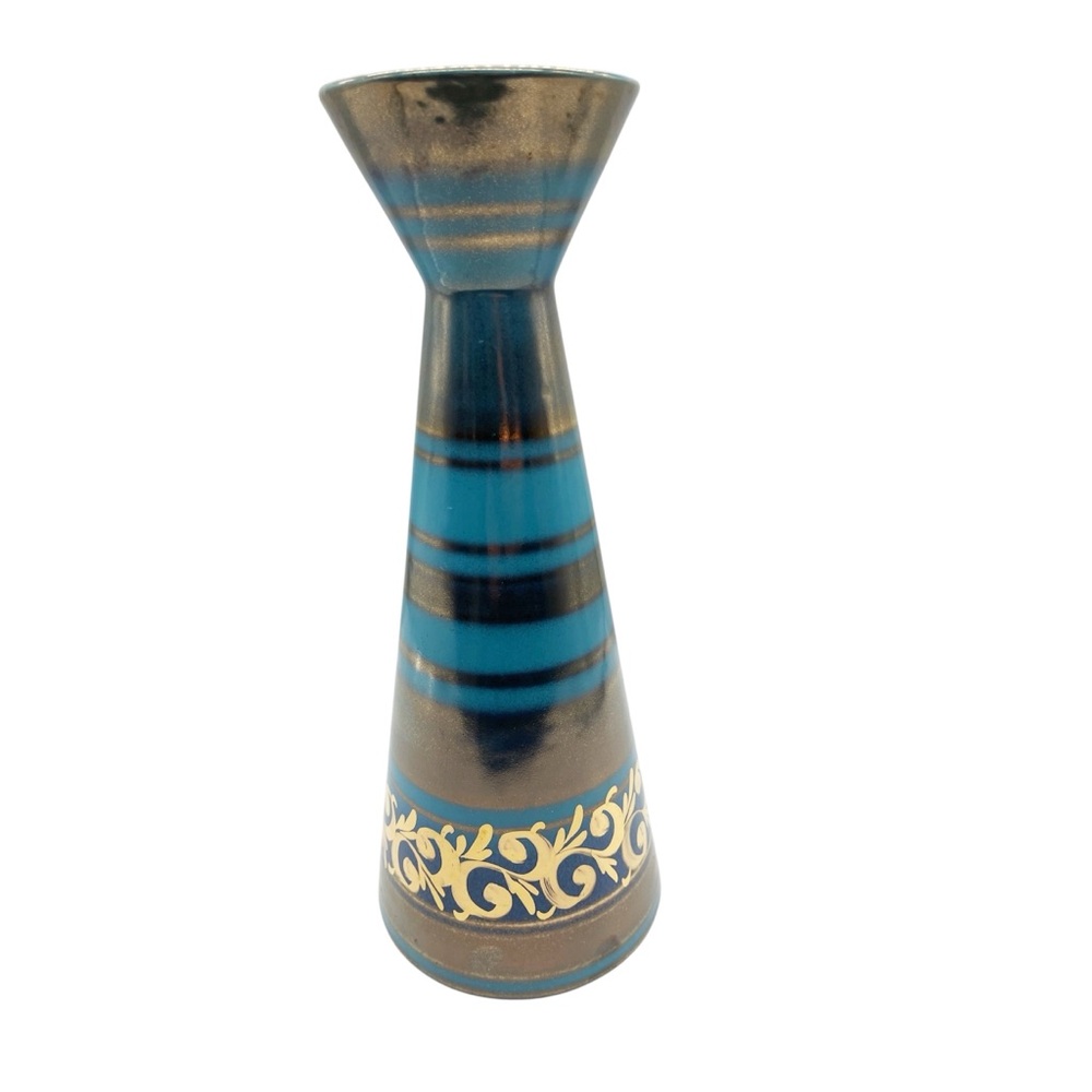 Vintage California pottery Vee Jackson San Gabriel Blue gold tall flower vase